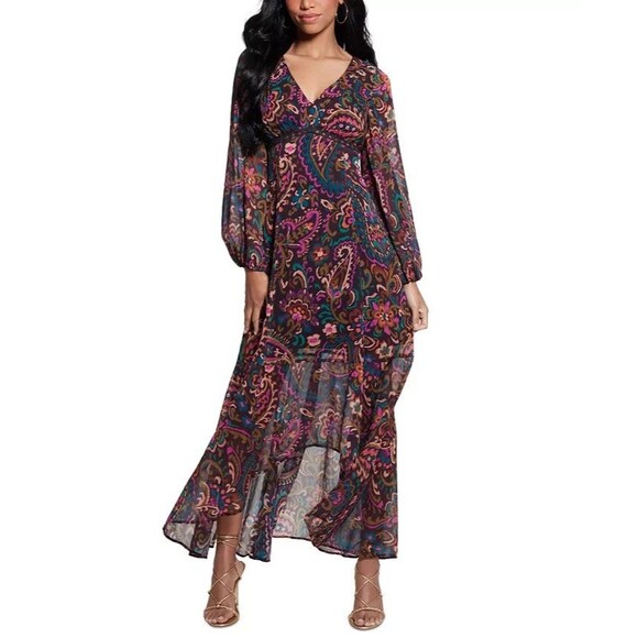 GUESS Women's Bianca Paisley-Print High-Low Chiffon Dress Cocktail Party Plum 2 - Picture 1 of 13